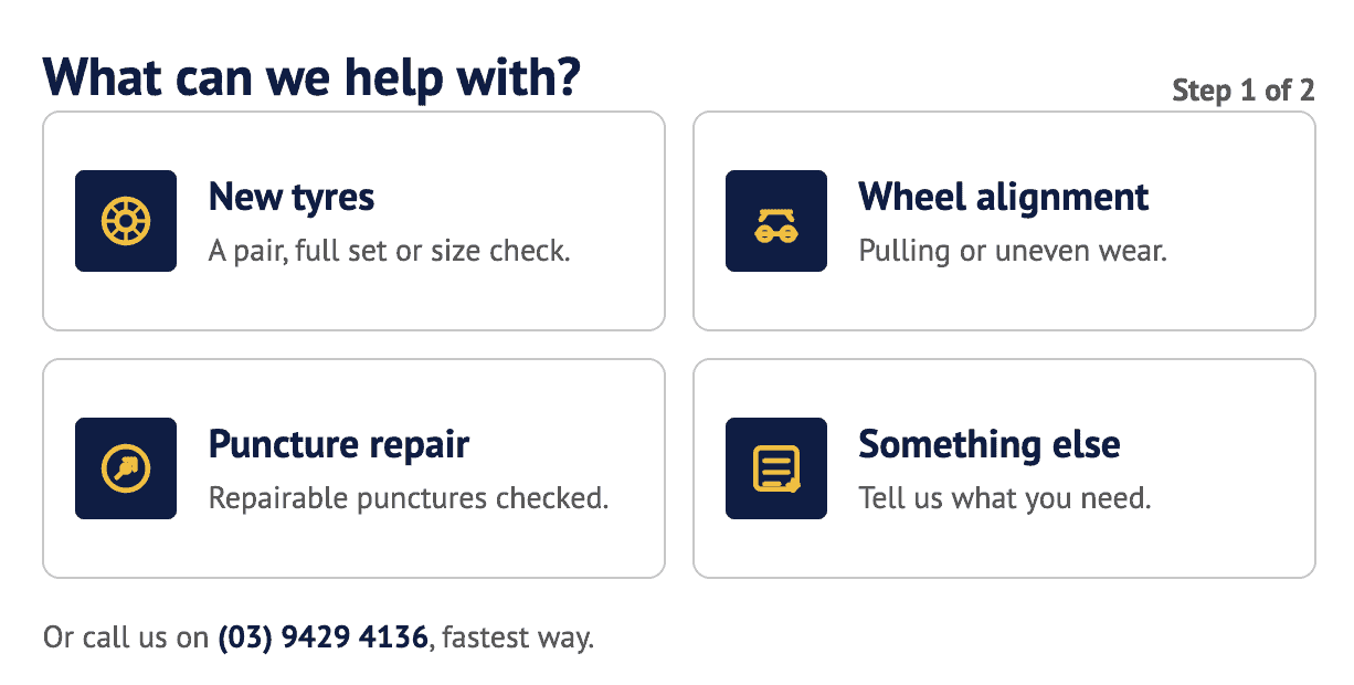 Goodyear Richmond step-by-step booking wizard, one question per screen