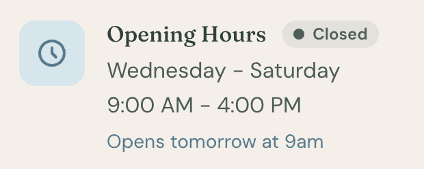 Opening hours widget showing live "open now" status