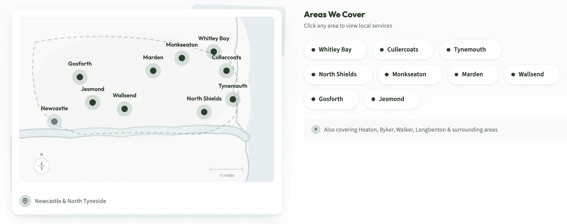 Interactive map of a client service area, showing covered postcodes